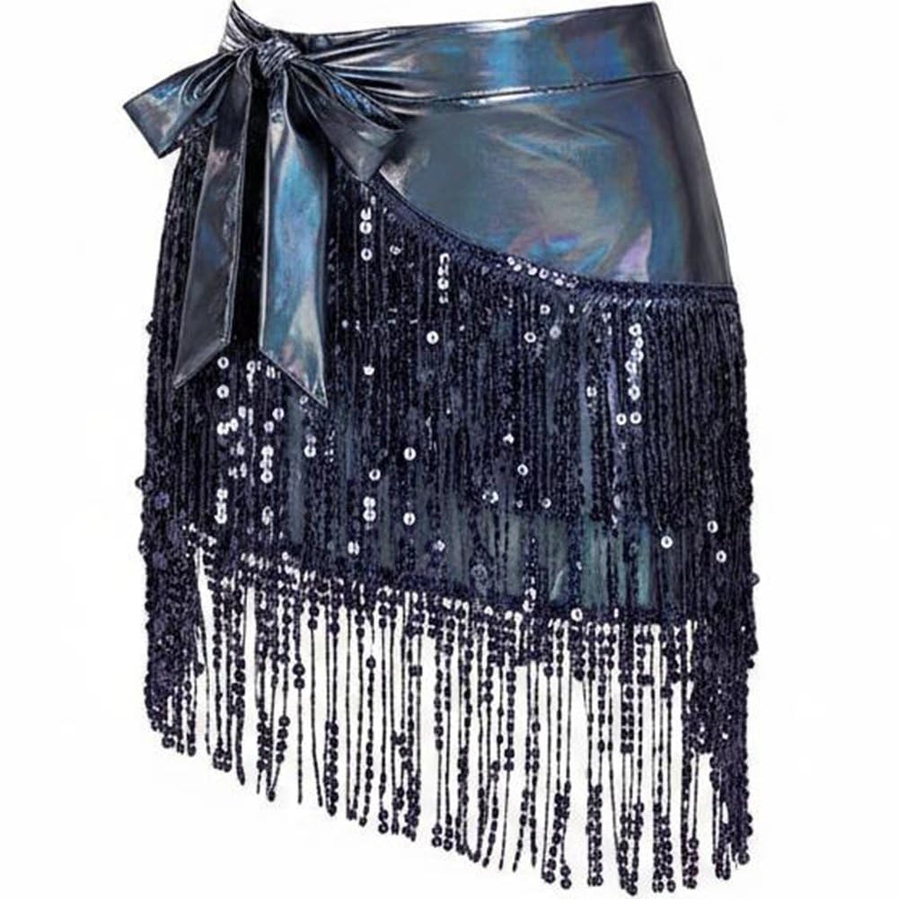 Sslvya Belly Dance Hip Scarf Sequin Tassel Skirt Wrap Sparkly Sequin Fringe Wrap Skirts Rave Costume for Women