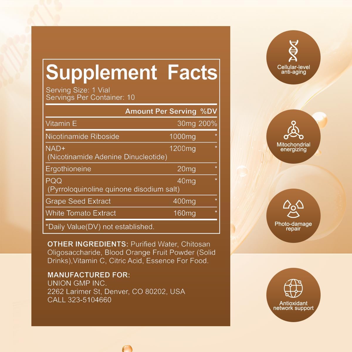 NAD+ 1200mg Liquid Supplement with Nicotinamide Riboside, PQQ & Grape Seed Extract for Cellular Vitality, Energy Metabolism & Antioxidant Support – 10 Liquid Vials