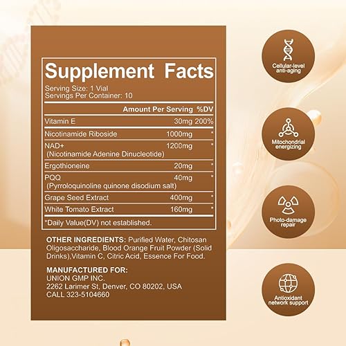 Miniatura 6 de Perseek Suplemento líquido NAD+ de 1200 mg con ribósido de nicotinamida, PQQ y extracto de semilla de uva para vitalidad celular, metabolismo