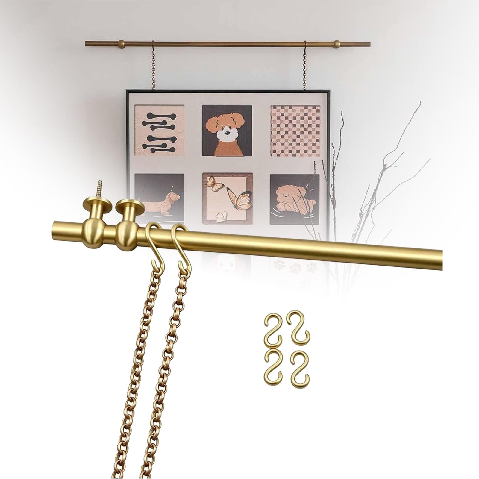 Xxbbyubo Gallery Rail Vintage Brass, Picture Rail Hanging System, French Style Picture Hanging Track and Photo Display Rod, Indoor Frames Hanging Track(43.3in Rod)