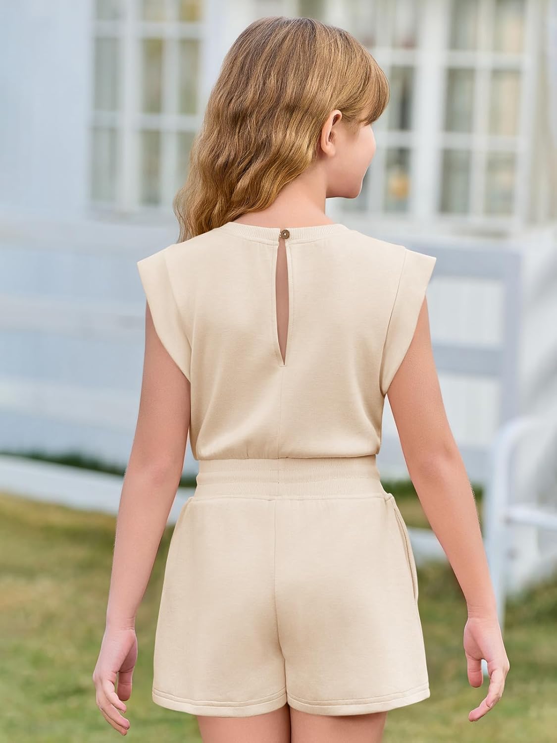 Haloumoning Girls Rompers Cap Sleeve Short Jumpsuits Kids Casual Drawstring Romper with Pockets 5-14 Years - Image 4