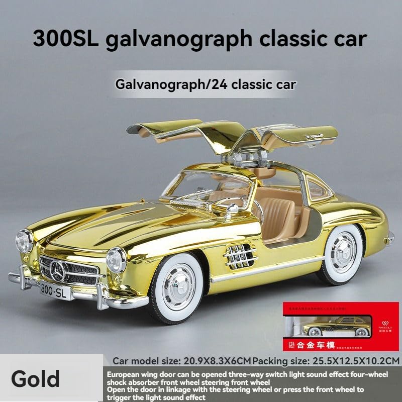 Image of 1:24 Mercedes-Benz 300SL 1936 Vintage Classic Golden Car Alloy Car Model Sound and Light Pull Back Toy Car