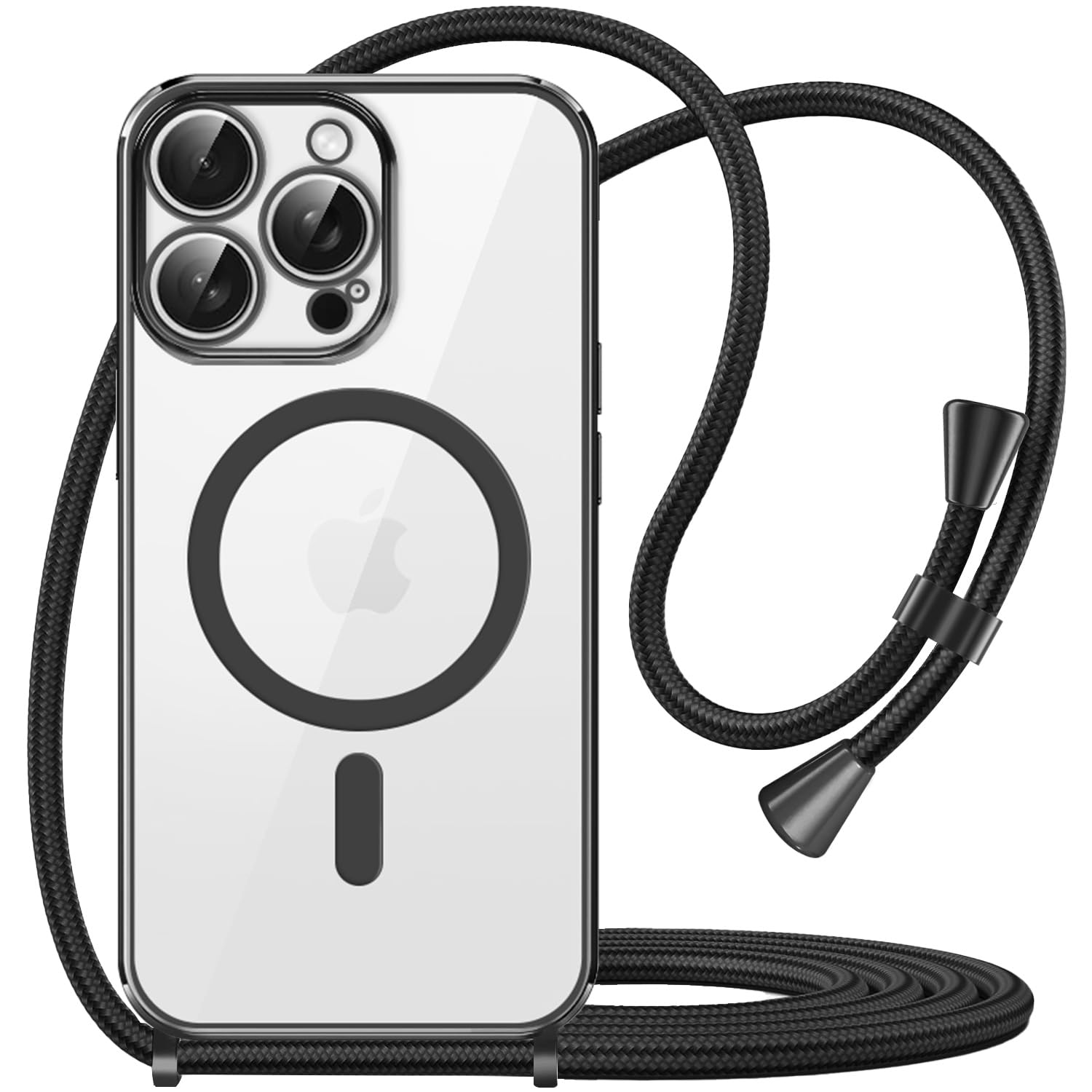 for iPhone 15 Pro Max Soft TPU Case with Magnetic Adsorption, Adjustable Crossbody Strap, Neck Cord Lanyard and Wrist Tether Safety Straps for iPhone 15 Pro Max (Black)