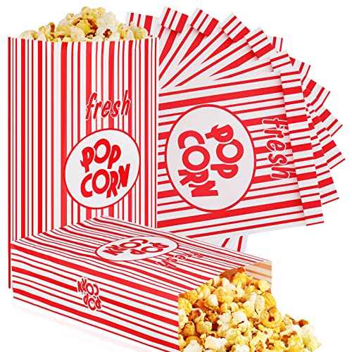 Image of Thenshop 200 Pcs Paper Popcorn Bags Flat Bottom 2 oz Disposable Film Individual Servings Oil Resistant Leak Proof Container Vintage Retro Red and White Popcorn Sleeves Bags