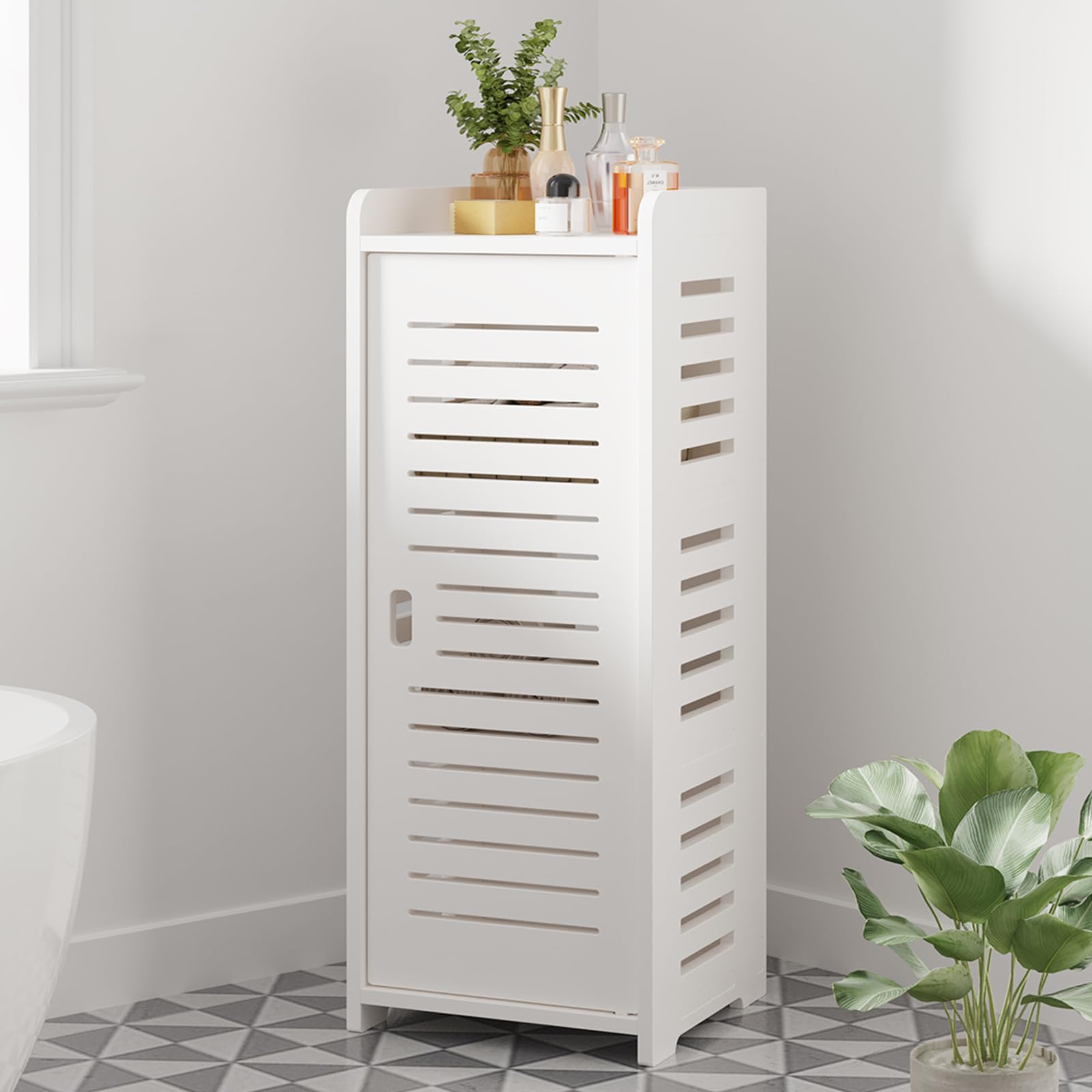 Dripex 4 Tier Bathroom Floor Cabinet, 30W x 30D x 80H cm, White Storage Cabinet with Door, Narrow Free Standing Cupboards Adjustable Shelves for Bathroom or Bedroom (Door Style 2)