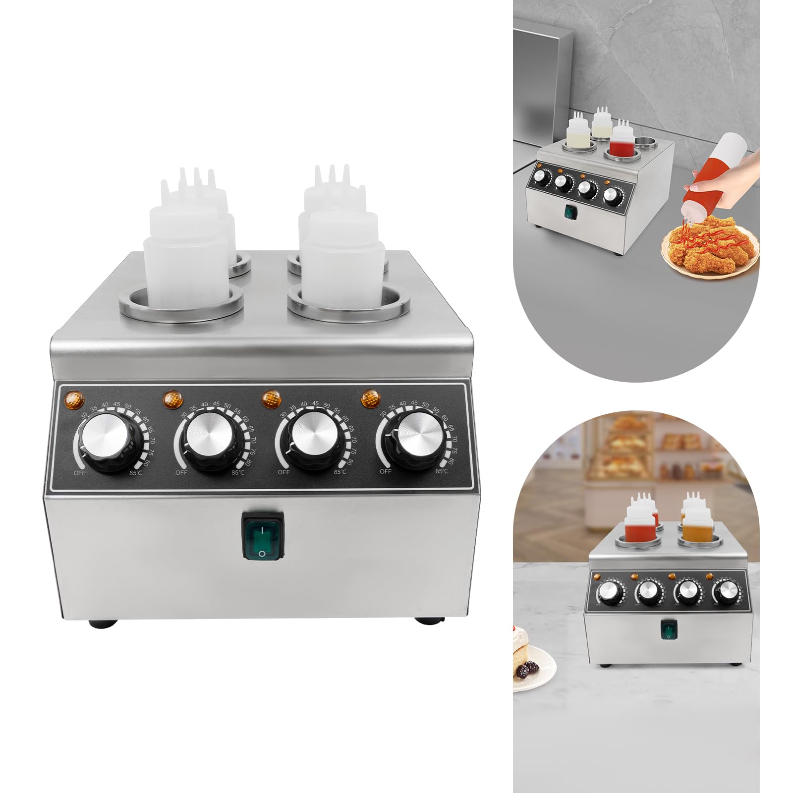 Calentador de salsas eléctrico, dispensador eléctrico de 800 W, calentador de salsas de acero inoxidable con cuatro botellas de salsa de PVC, botella única de 680 ml, salsa de nacho, calentador de
