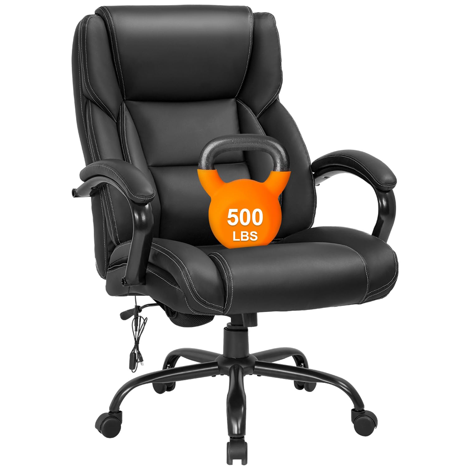 Big and Tall Office Chair 500lb Wide Seat Desk Chair with Lumbar Support Armrest Swivel Rolling High Back PU Leather Computer Chair Massage Adjustable Ergonomic Task Chair for Adults Women(Black)