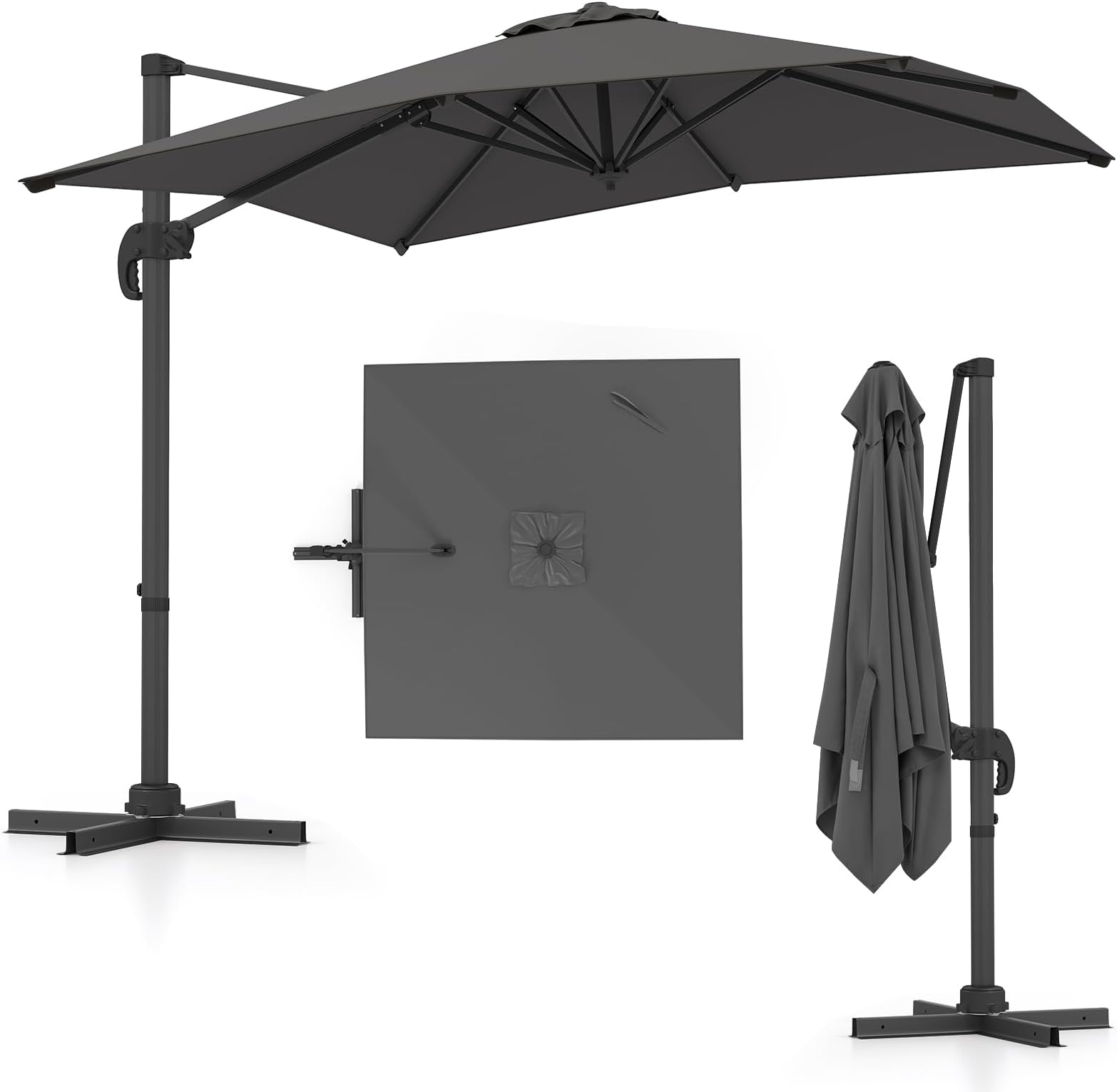 COSTWAY 2.5M Cantilever Garden Parasol, Square Offset Banana Umbrella with 5 Adjustable Tilt, 360° Rotation, Crank Handle & Cross Base, 8-Rib Outdoor Hanging Sun Shade Canopy for Patio Market