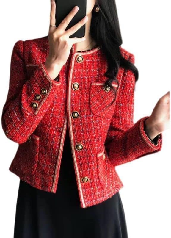 CHONG FENG XIA Autumn Winter Women's Short Tweed Blazers - Loose Red Single-Breasted Suit Jacket