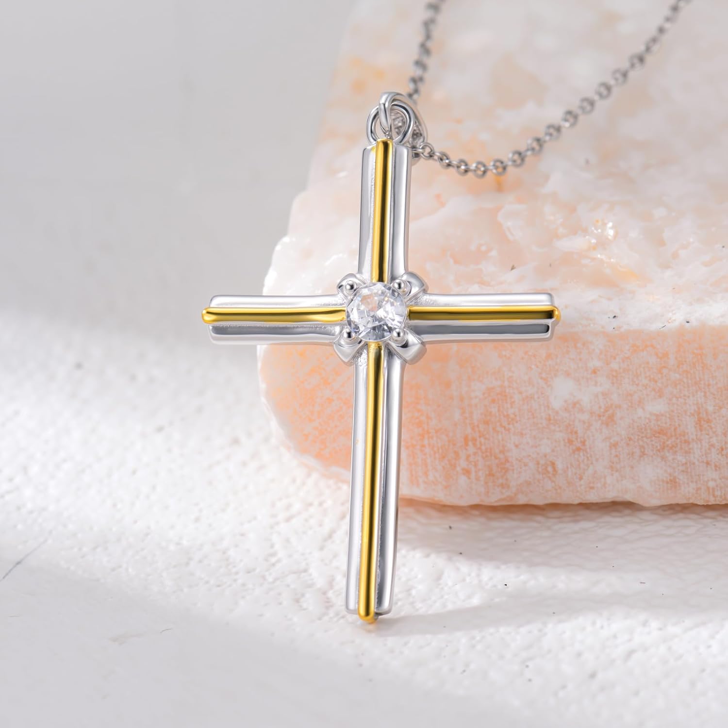 Solid 925 Sterling Silver Two Tone 14K Gold Plated Cross Pendant Necklace Moissanite Christian Jewelry Gifts for Women Her 18 Inches Chain