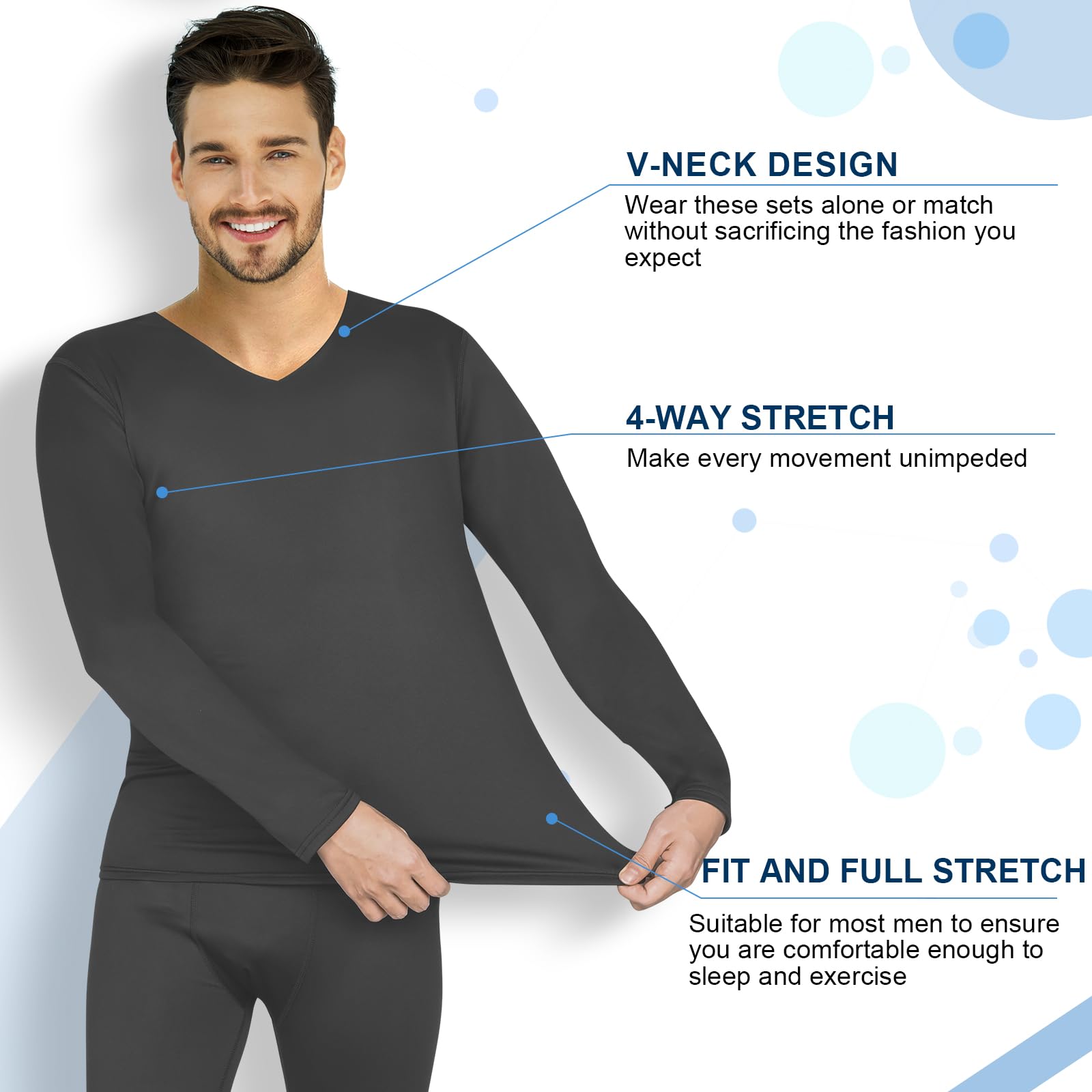 3 Set Herren Thermounterwäsche Winter Warm V-Ausschnitt Fleece Gefüttert Base Layer Set Thermo-Set für kaltes Wetter