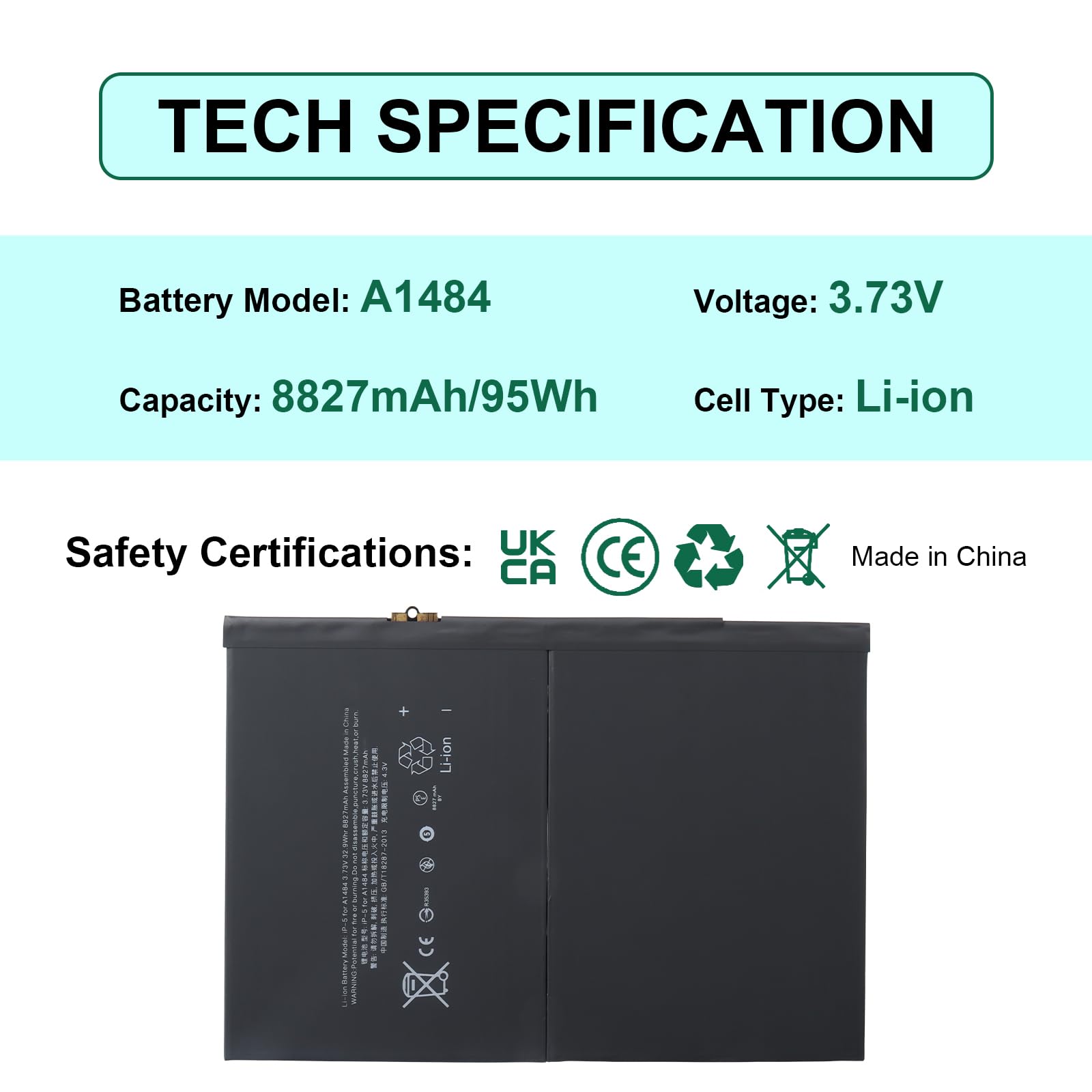 Glaxcidy A1484 Batterie pour iPad Air 1 A1474 A1475 A1476, iPad 5 A1822 A1823, iPad 6 A1893 A1954, iPad 7 A2197, MD785LL/A MD786LL/A MF532LL/A MD787LL/A MD785CH/A