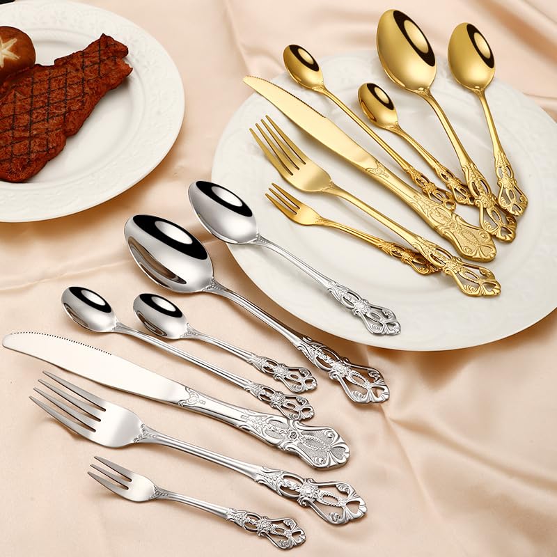 Posate in Argento, Set di Posate, Posate in Acciaio Inox da 7 Pezzi e Cucchiaio, Set di Posate per Bistecca, Posate per Bistecca per Ristorante dell'hotel,Gold-12Set