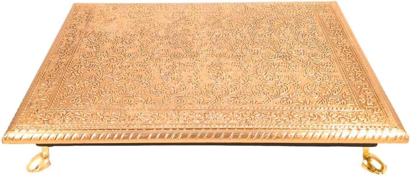 Apka Mart The Online Shop Wooden Brass Chowki for Pooja| Decorative Bajot | Sitting Stool (Golden) for Festivals, Pooja, Home Decor and Gifts-(10 X 14)