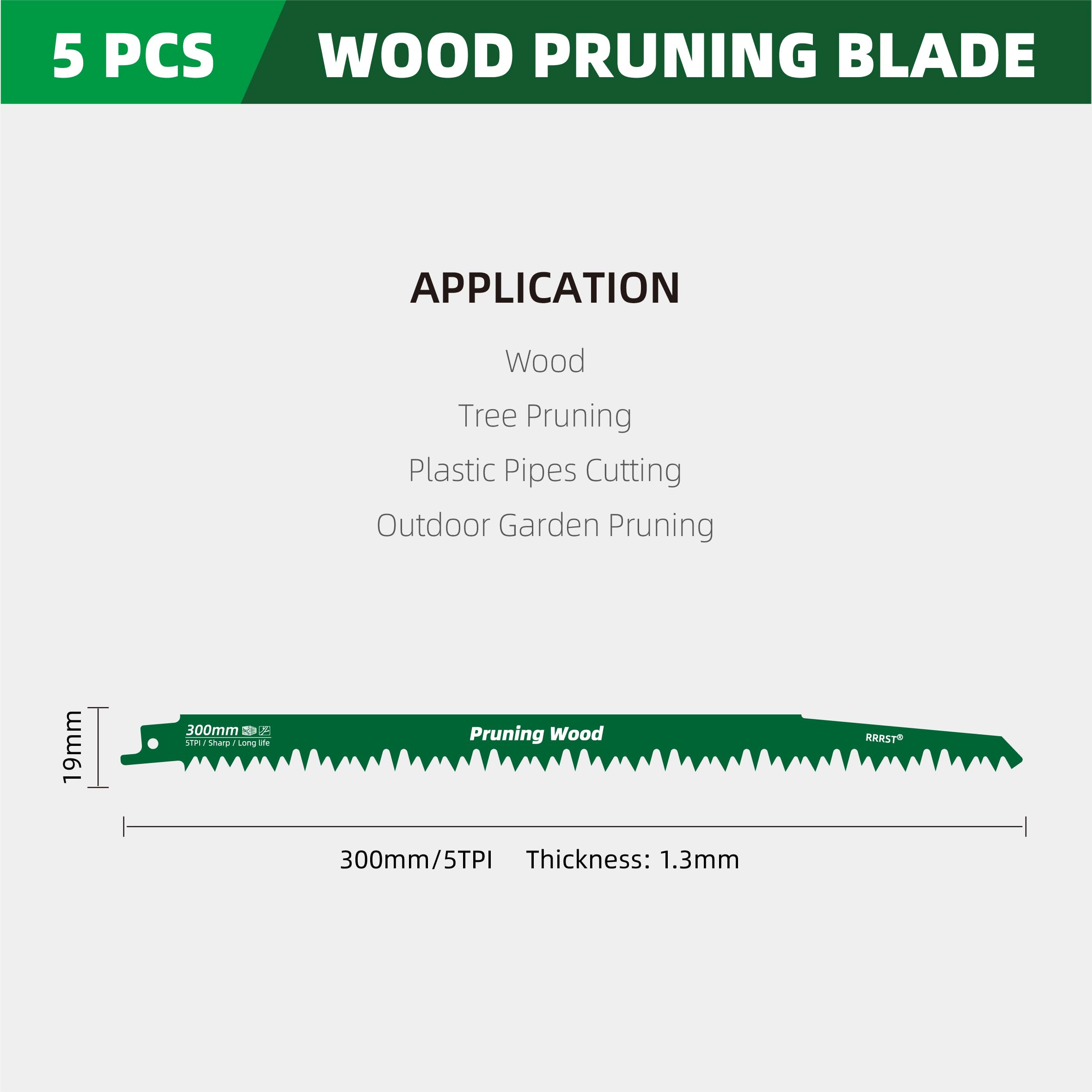 Juego de 5 hojas de sierra de sable de 300mm 5TPI para madera, verde, fácil y duradero