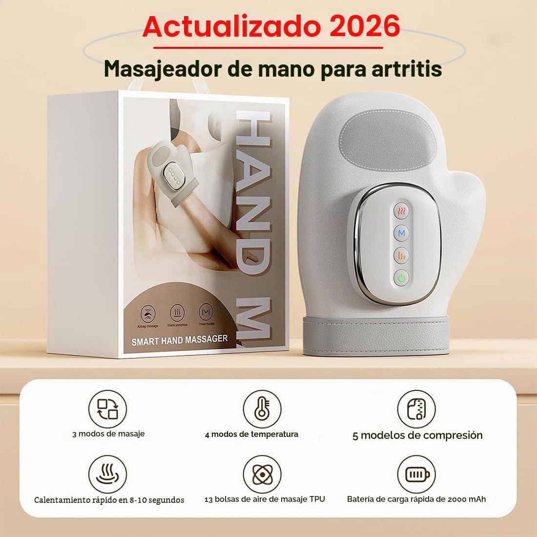 Guantes Masaje Artrosis, Masajeador de Manos Artrosis, Masajeador Manos Con Calor y Compresión, 3 Masajes, 3 Temperaturas, 5 Niveles de Presión, Excelente regalo (Gris)