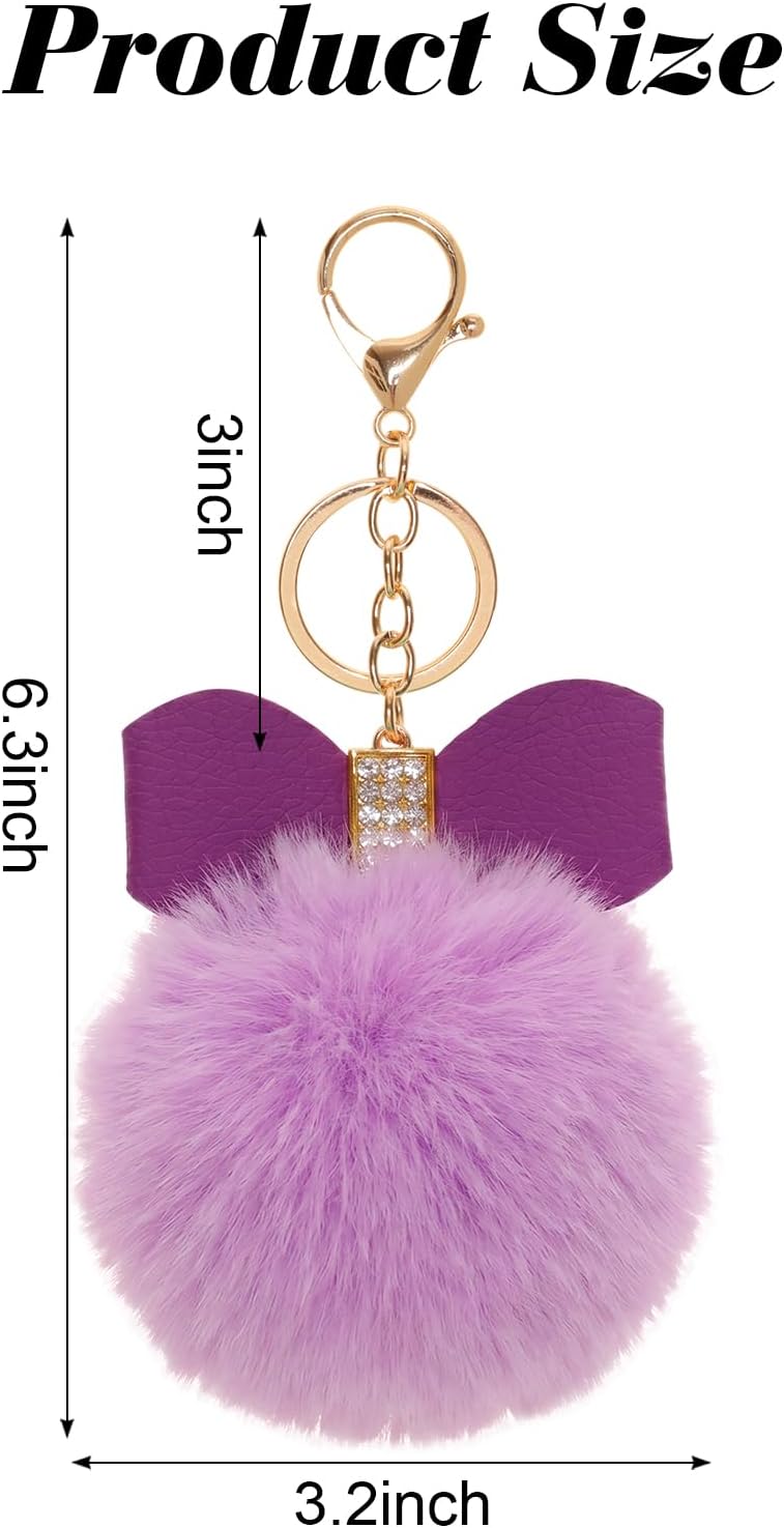 Fumwase 12PCS Pom Pom Keychains Fashionable Bow Rhinestone Faux Fur Ball Key Rings for Women Car Keys Tote Bag