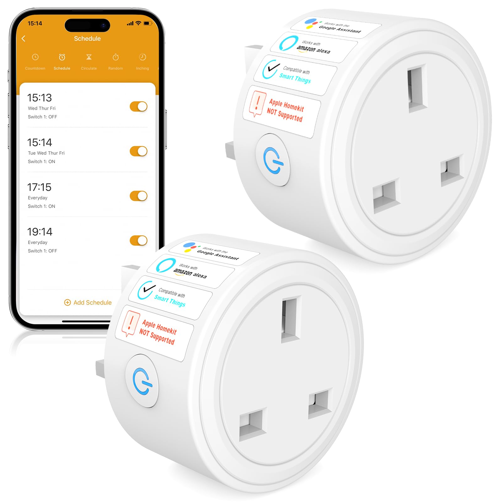 SURFOU Smart Plug WiFi Socket with Energy Monitoring, Timer & Schedule, App Remote Control, Voice Control Compatible with Alexa, Google Home and SmartThings, Mini Smart Plug, 13A , 2 Pack