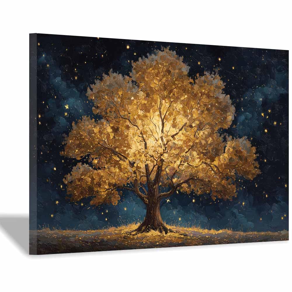 ZAMAEIU Tree of life wall art Starry trees trail abstract canvas wall, For Bathroom, Living Room, Bedroom, Office.Gift for Home Decor(golden)-30x50cm Framed