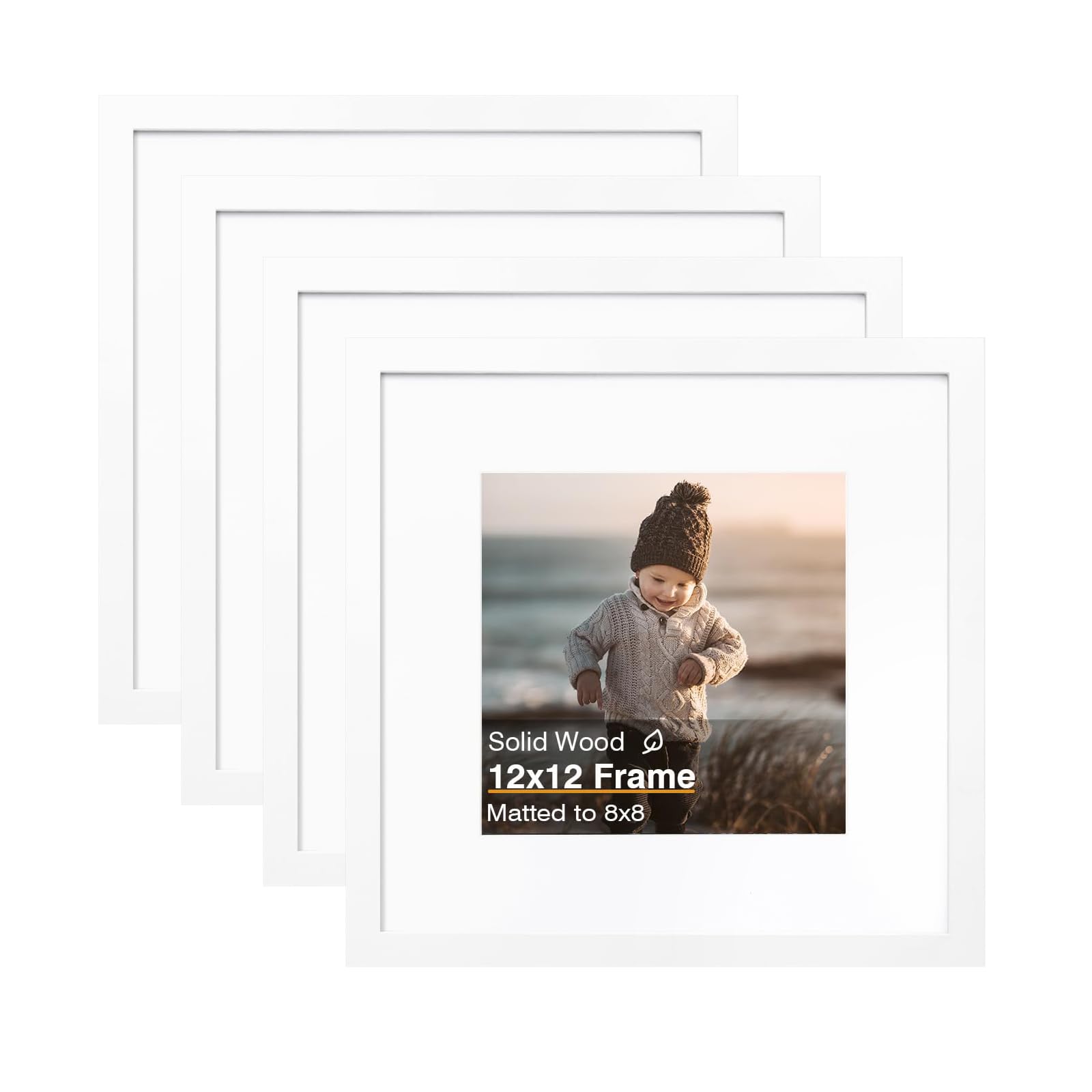 Photo 1 of KINLINK 12x12 Picture Frames, 4 Pack White Solid Wood Square Frames for Art, 8x8 Matted or 12x12 Frame without Mat, Wall Display Photo Frame