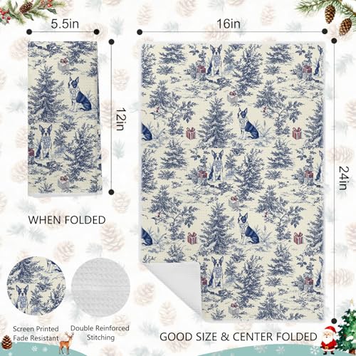 Image of Blue Boston Terrier Christmas Kitchen Towels, Vintage Dog Lover Gifts Dish Tea Towels for Kitchen, French Chinoiserie Holiday Decorative Hand Towel for Bathroom, 16x24 Inch