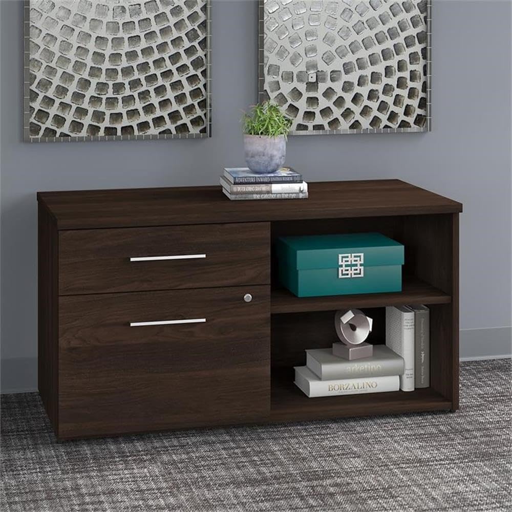 Pemberly Row Low Storage Cabinet, 45W x 21D x 24H, Engineered Wood, Black Walnut Finish, File Drawer with Lock, Adjustable Shelf, Office Credenza for Organizing Documents and Supplies