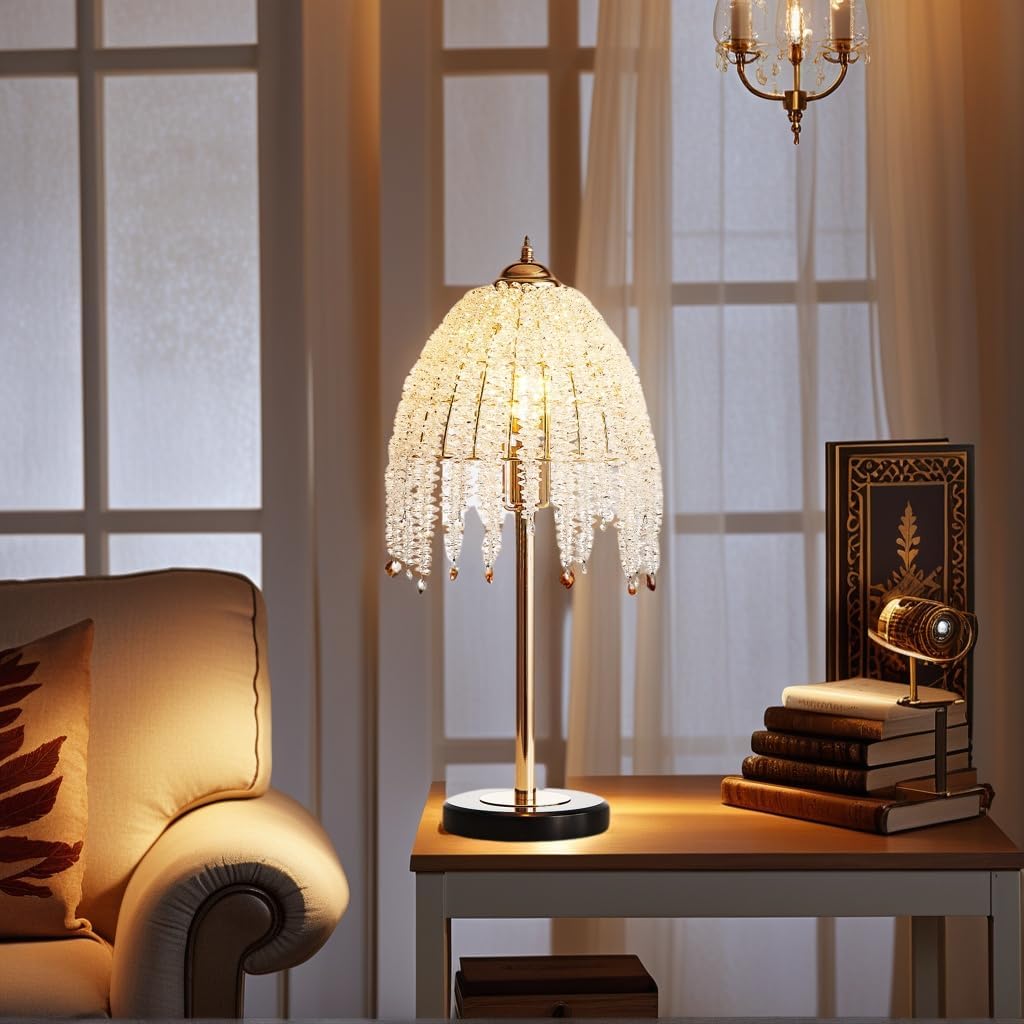 19 Inch Gold Crystal Table Lamp,Elegant Nightstand Lamp with Pendant Crystal Shade,Modern Bedside Lamps for Bedroom,Living Room Decor