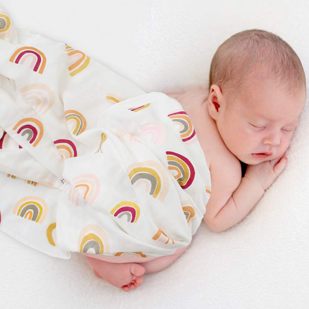 LifeTree Baby Muslin Swaddle Blanket, Rainbow Print Newborn Muslin