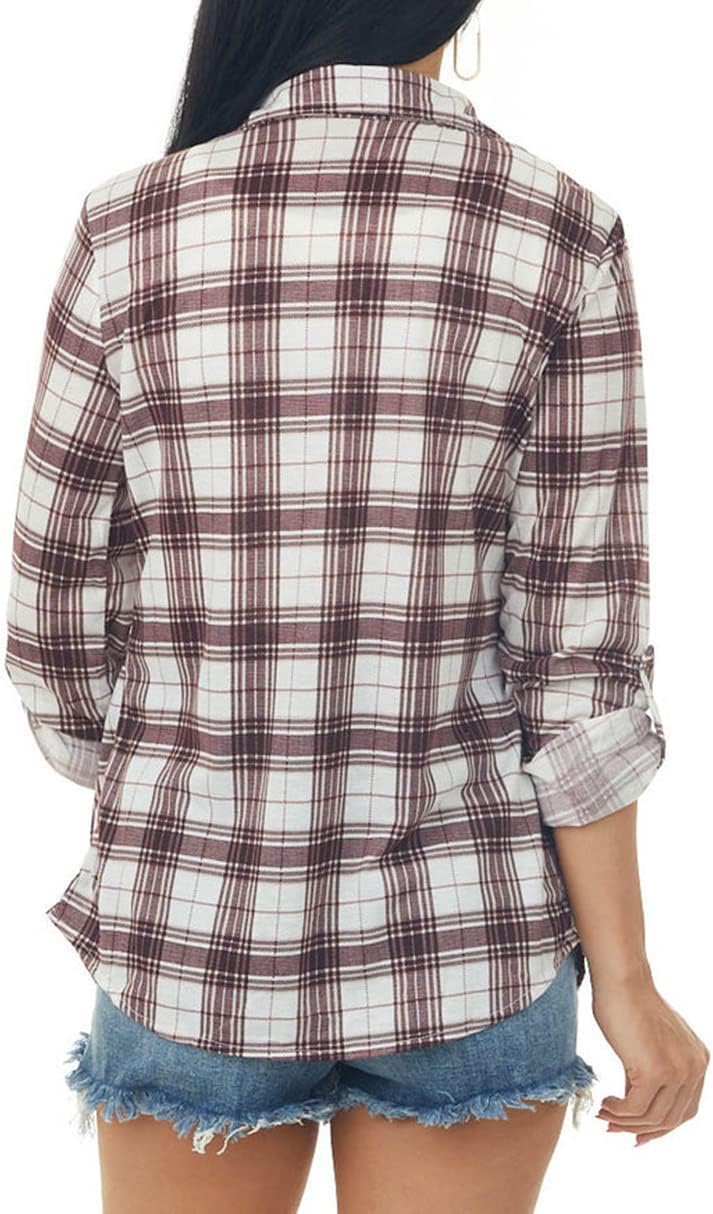 NUOREEL Women's Classic Plaid Flannel Shirt Button Down Roll Up Long Sleeve Casual Blouse Top - Image 4