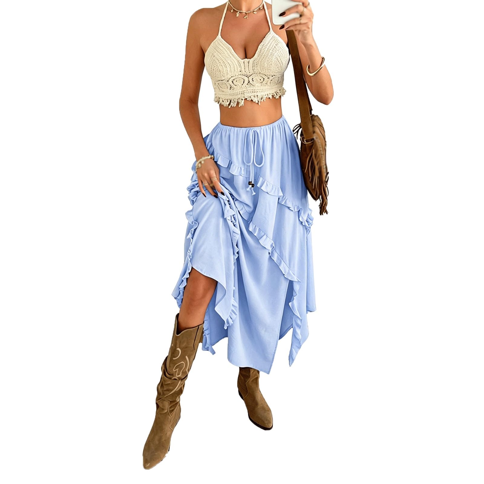 DUddTTW Irregular Women's Maxi Skirts High Tie Waist Ankle Length Swing Skirt(Lagre)