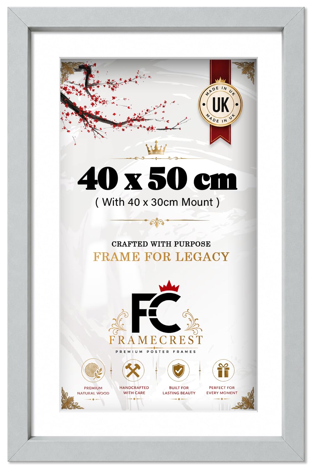 FRAMECREST LTD - 40 x 50 cm Picture Frame With 40 x 30 cm White Mount, Engineered Wood, HD Perspex Anti-Reflective Cover, Gallery Wall Frame, Shatterproof Acrylic Display - [Light Grey]