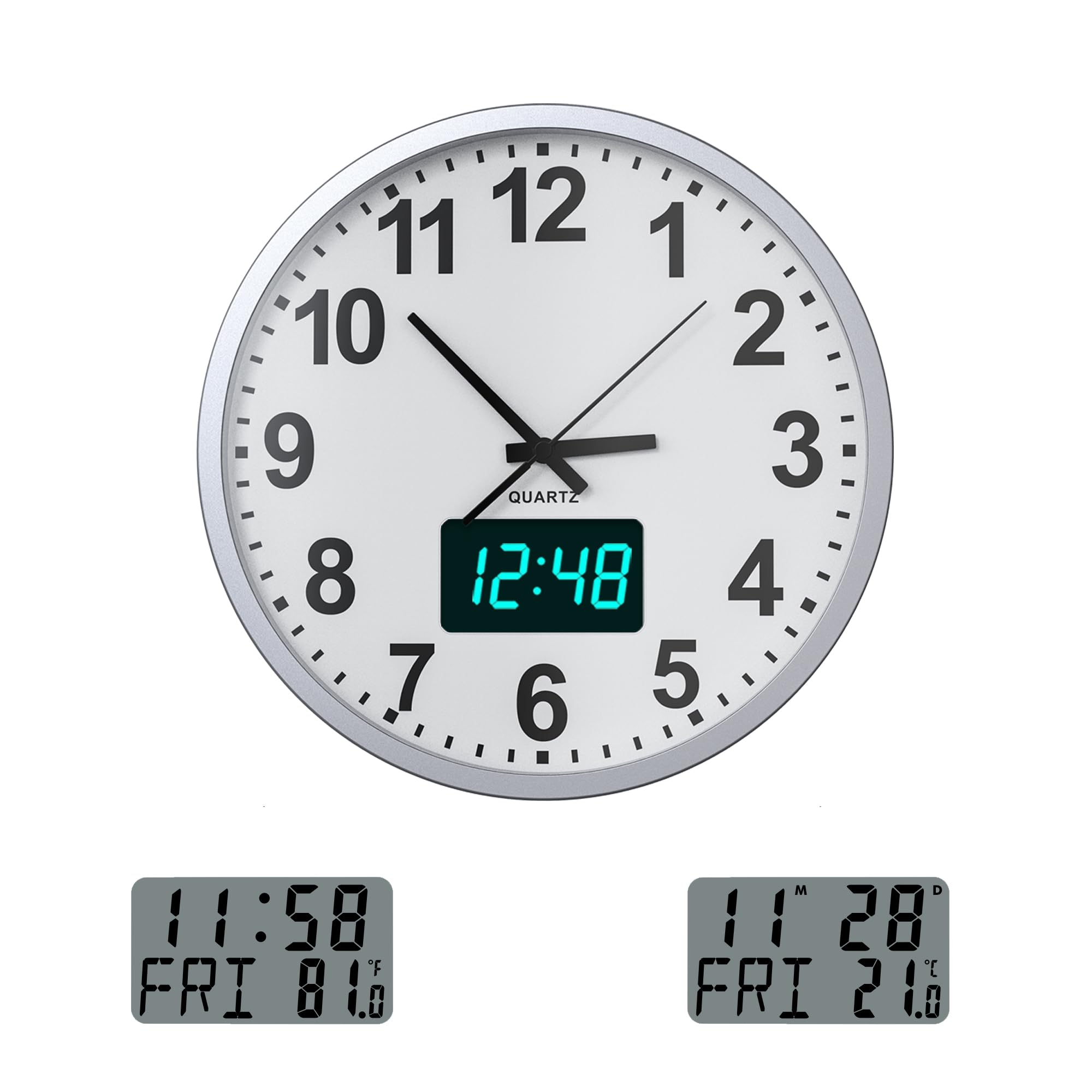 KWANWAMetal Silent Wall Clock With Date Temperature Week,Non-Ticking Battery Operated,Digital LCD/LED Time Display,Modern Quartz Wall Clock,for Kitchen Office 12 Inch (Sliver-Blue LED)