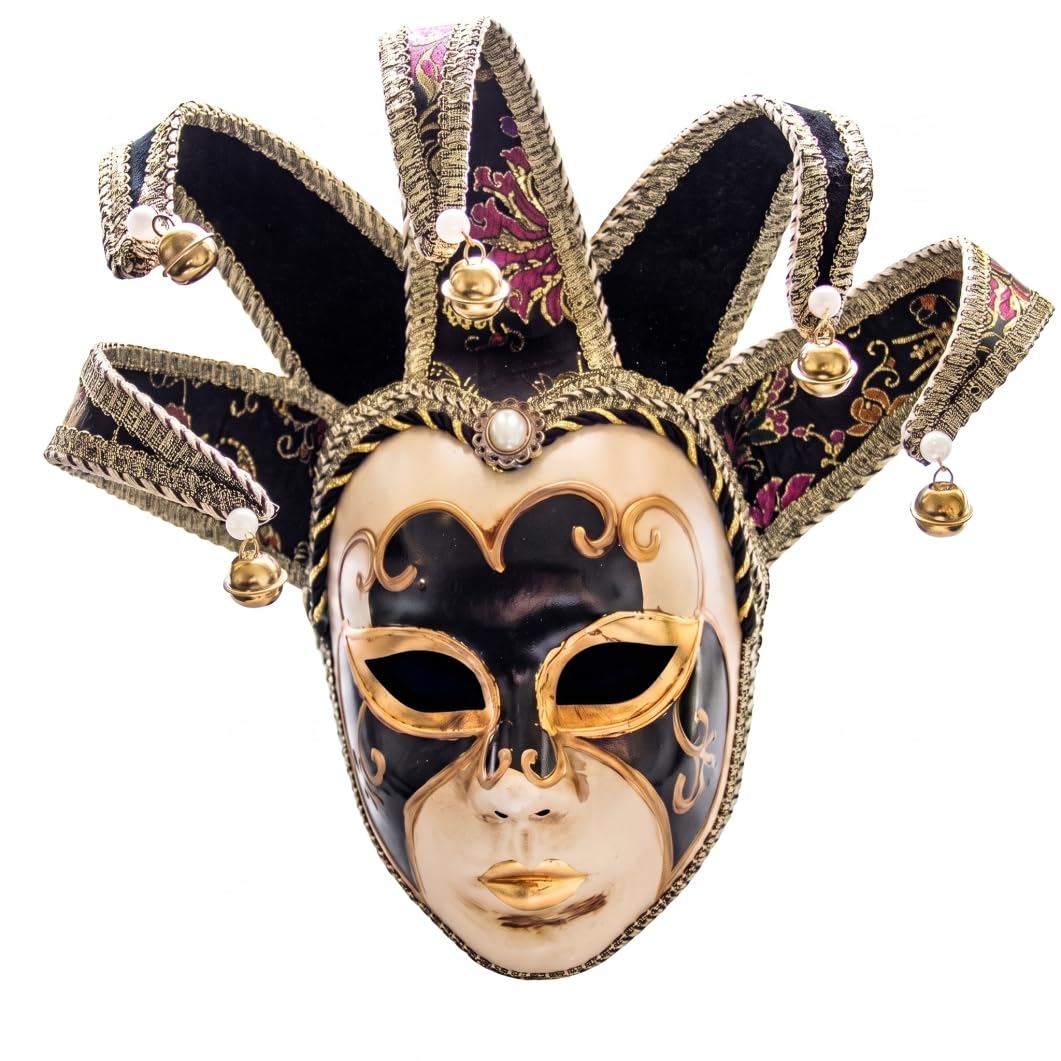 Máscara de bufón, máscara veneciana de cara completa, máscaras de disfraces para hombre con patrones dorados y campanas, morado.
