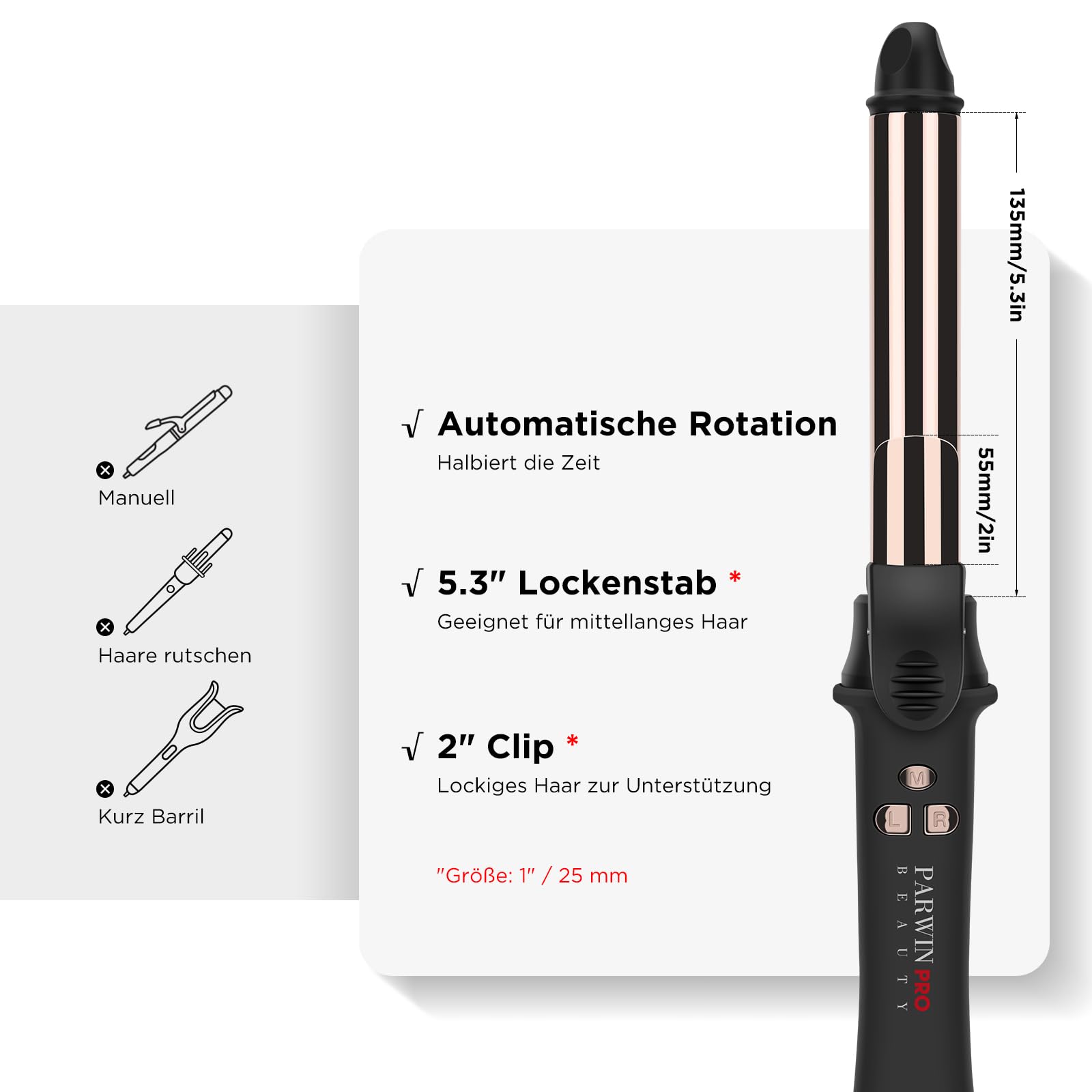 360° Rotierender Lockenstab Automatisch, PARWIN PRO BEAUTY Lockenstab Curling Iron 25mm, Nano-Titan-Beschichtung, Hair Curler mit LCD Display, 120-210℃