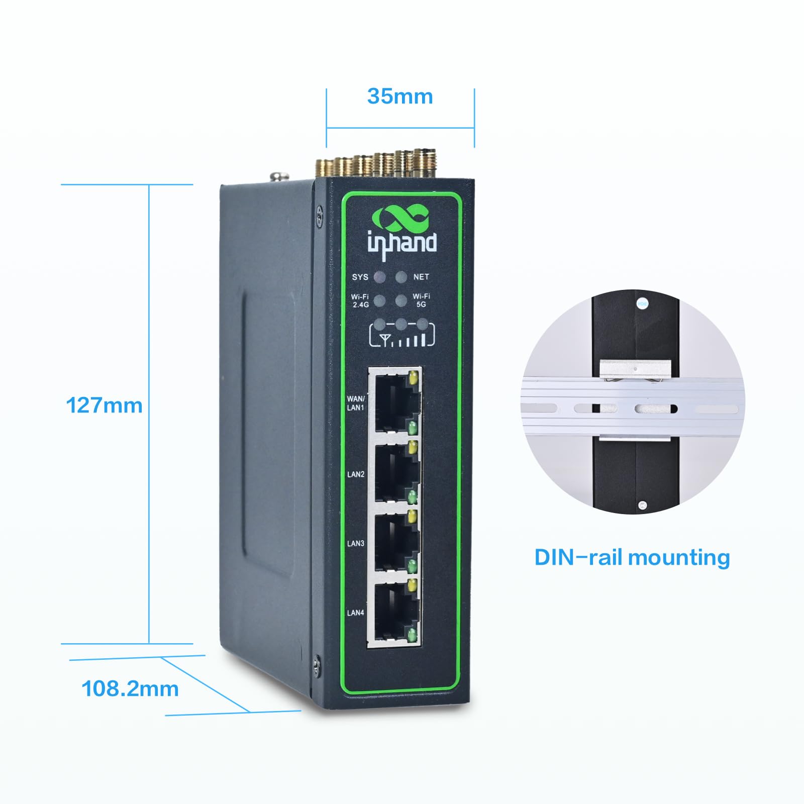 InHand Networks IR624 Industrie 5G Router, Dual SIM, AC1200 WLAN, 4X Gigabit Ethernet, RS232/RS485 Seriell, VPN, Modbus, DIN-Rail Montage, Robustes IoT M2M Gateway