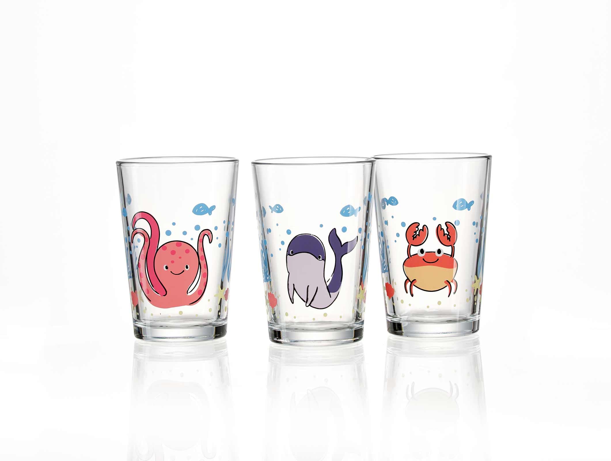 Ritzenhoff & Breker Set di 3 bicchieri per bambini da 205 ml, motivo: animali, calamari, delfino/cancro, lavabili in lavastoviglie