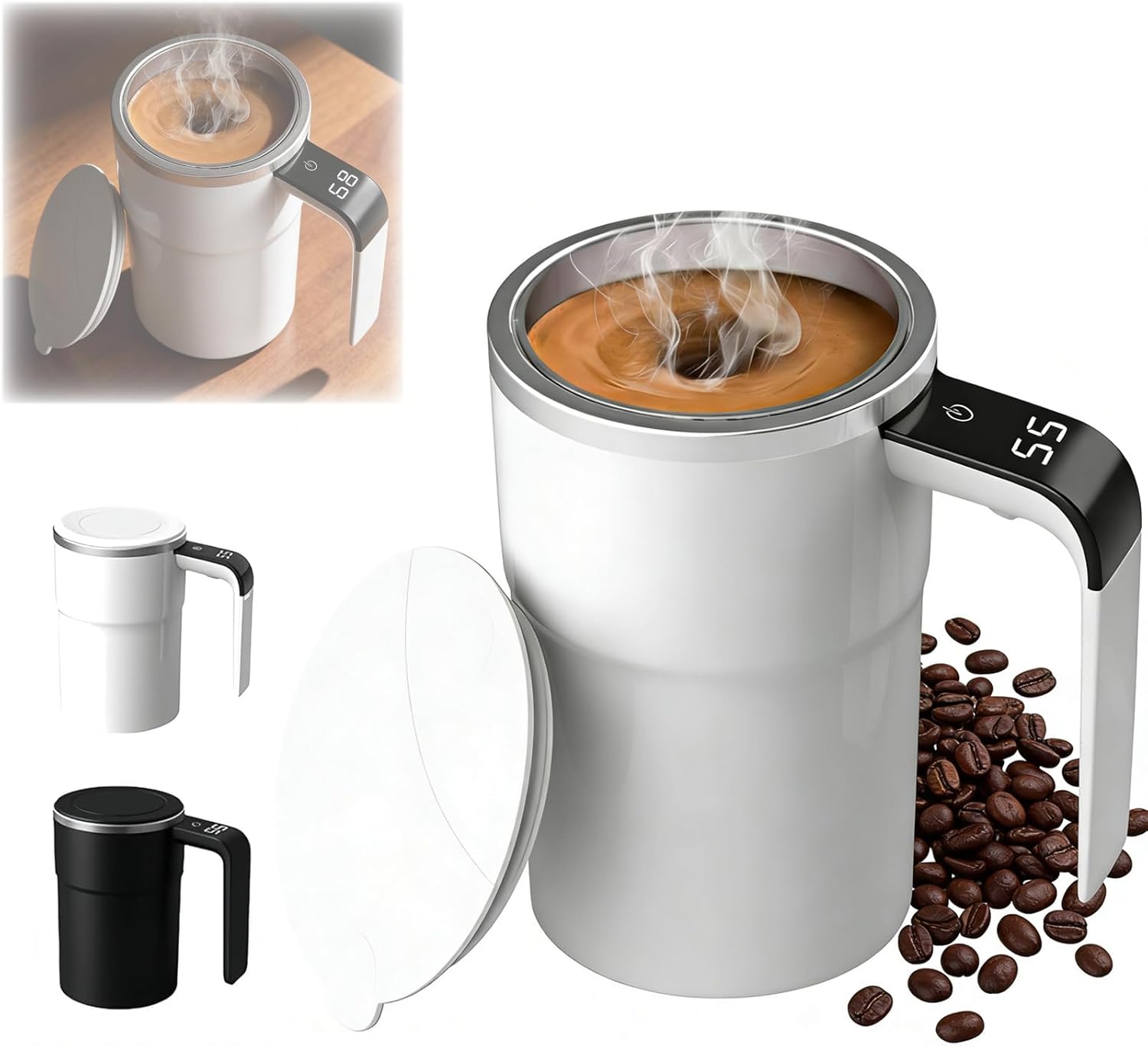 Automatic Magnetic Stirring Coffee Mug with Temperature Display, Rechargeable Self Stirring Mug with Detachable Stir Bar for Home Office Travel (White)