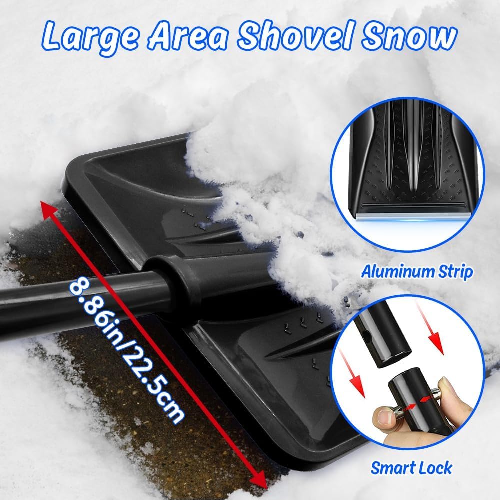 Pala Nieve, 108cm Largo, Borde Resbaladizo de Perfil de Aluminio, Diseño Desmontable de 4 Piezas, Carretilla Elevadora de Nieve Portátil Ajustable para Conducir, Acampar, Jugar con Muñecos de Nieve