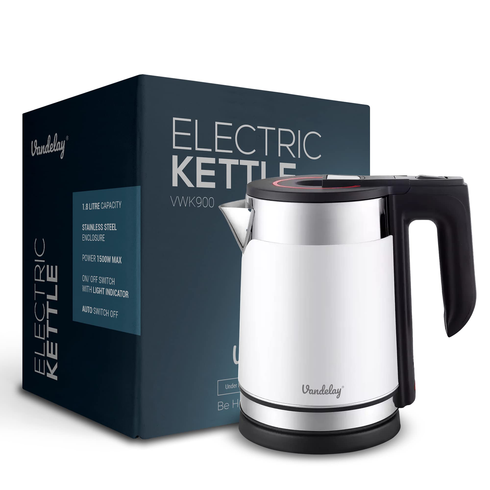 Vandelay Stainless Steel Electric Kettle (1.7L) | Double Wall, Cool Touch With Dry-Boil Protection | Auto Cut Off (White, 1.8 Liter, 1500 Watt)