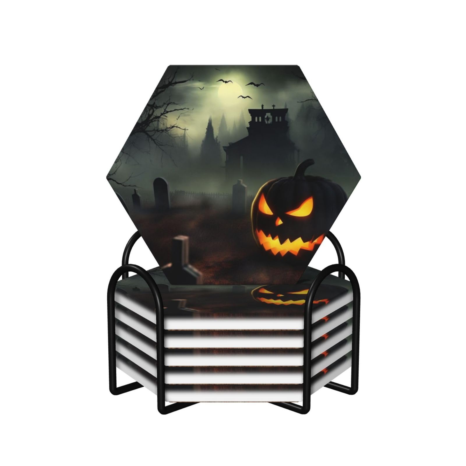 6Pcs Ceramics Coaster for Drinks, Halloween Horror Cup Coasters with Holder, Aesthetic Drink Coasters for Coffee Table, Absorbent Round Coaster for Tabletop Protection 4" Cup Mat Pad