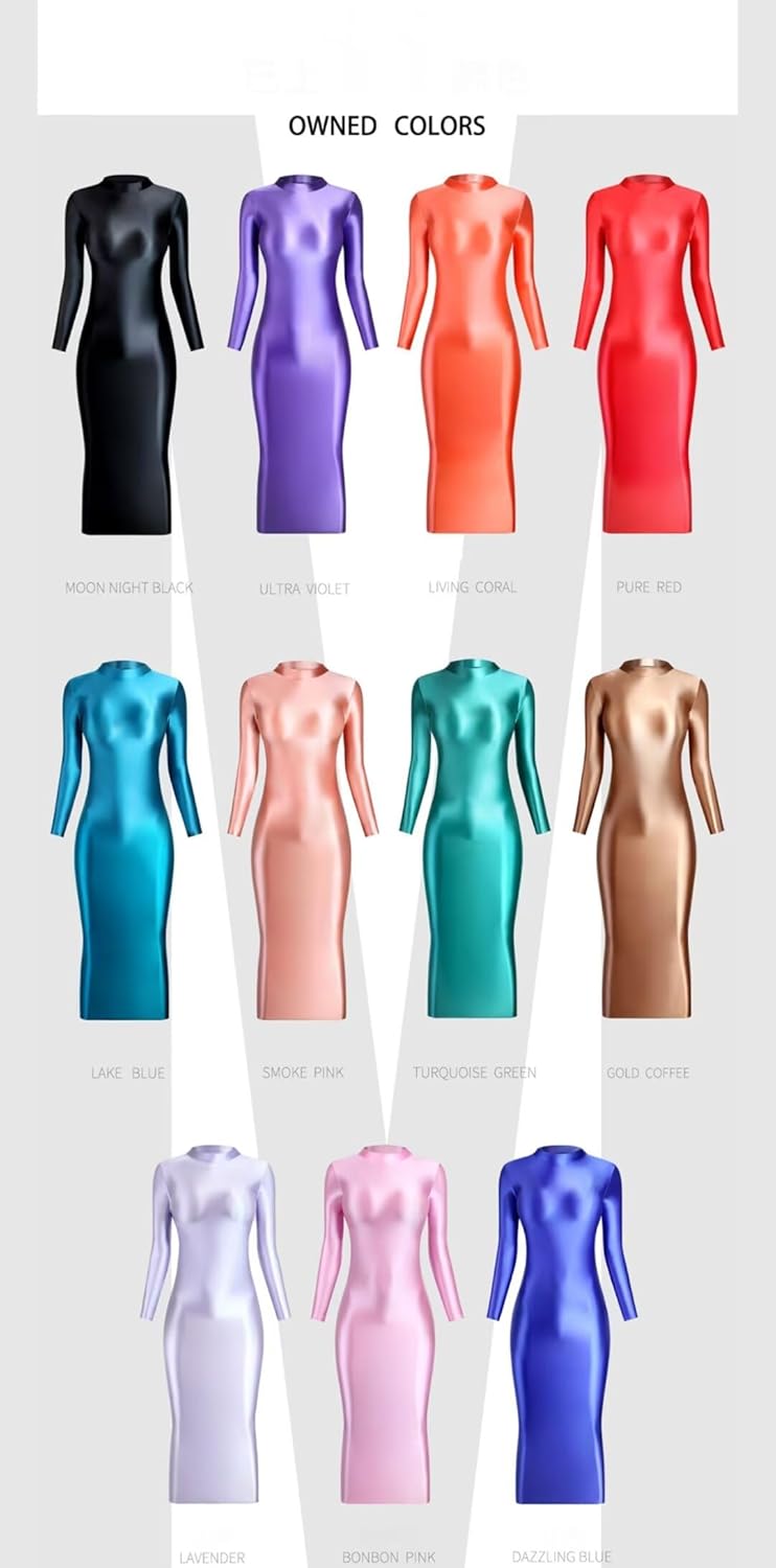 Glossy glossy wrap hip sexy jumpsuit Elastic silky slip one-step skirt women's long sleeved skirt with high neck
