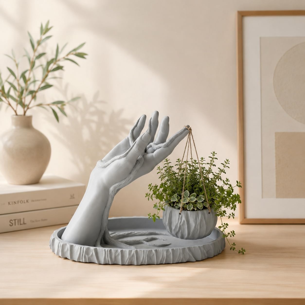 Hand Sculpture Planter with Hanging Pot | Modern Artistic Sugarcane-Based PLA Indoor Plant Holder | Succulent & Fern Decor for Living Room, Desk & Shelf-image-2