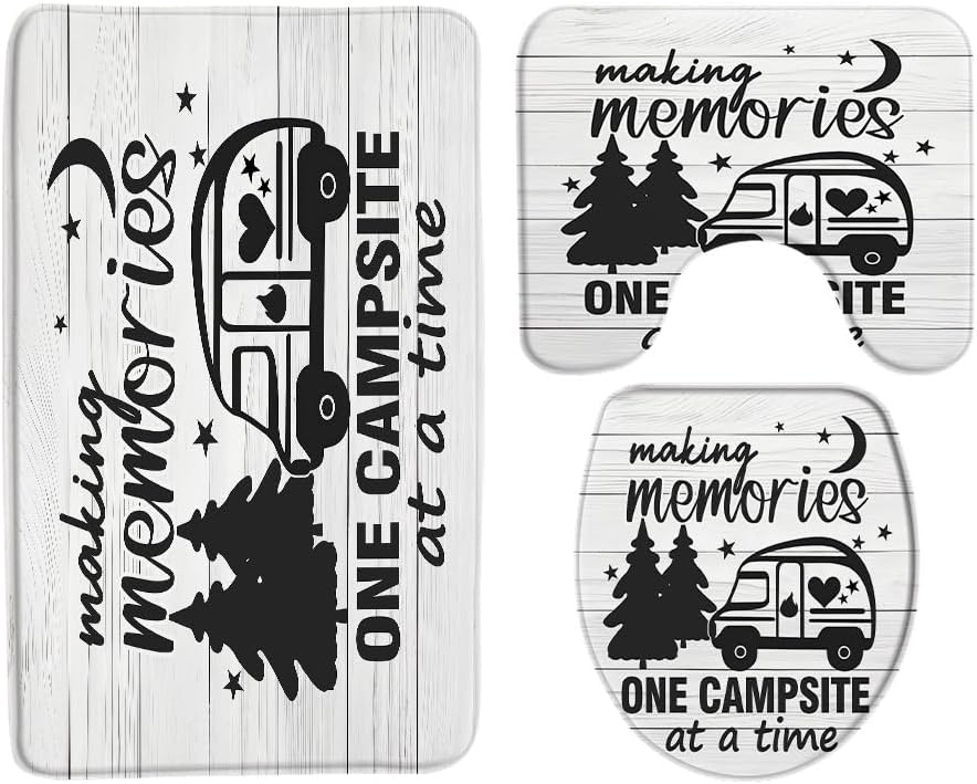 3 Pcs Happy Campers Bath Rugs Set,RV Rustic Wooden Travel Trailer Camping Theme Kitchen Rug with 16"x24" Bath Mat+U-Shaped Toilet Rug+Toilet Seat Cover