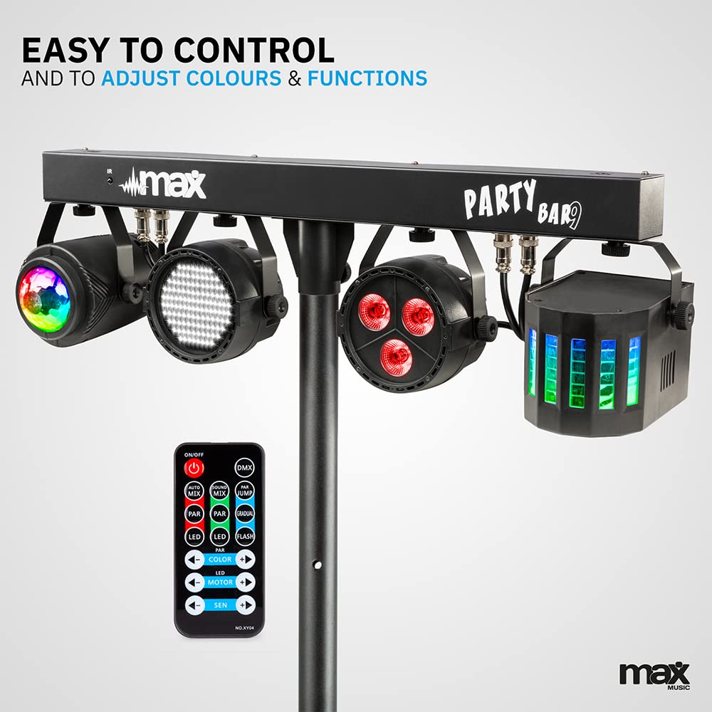 MAX Partybar09: Set di luci LED per feste con barra a T e supporto, 4 effetti di luce, RGBW Color Mixing, DMX 3 o 15 canali, controllo del suono con sensibilità regolabile