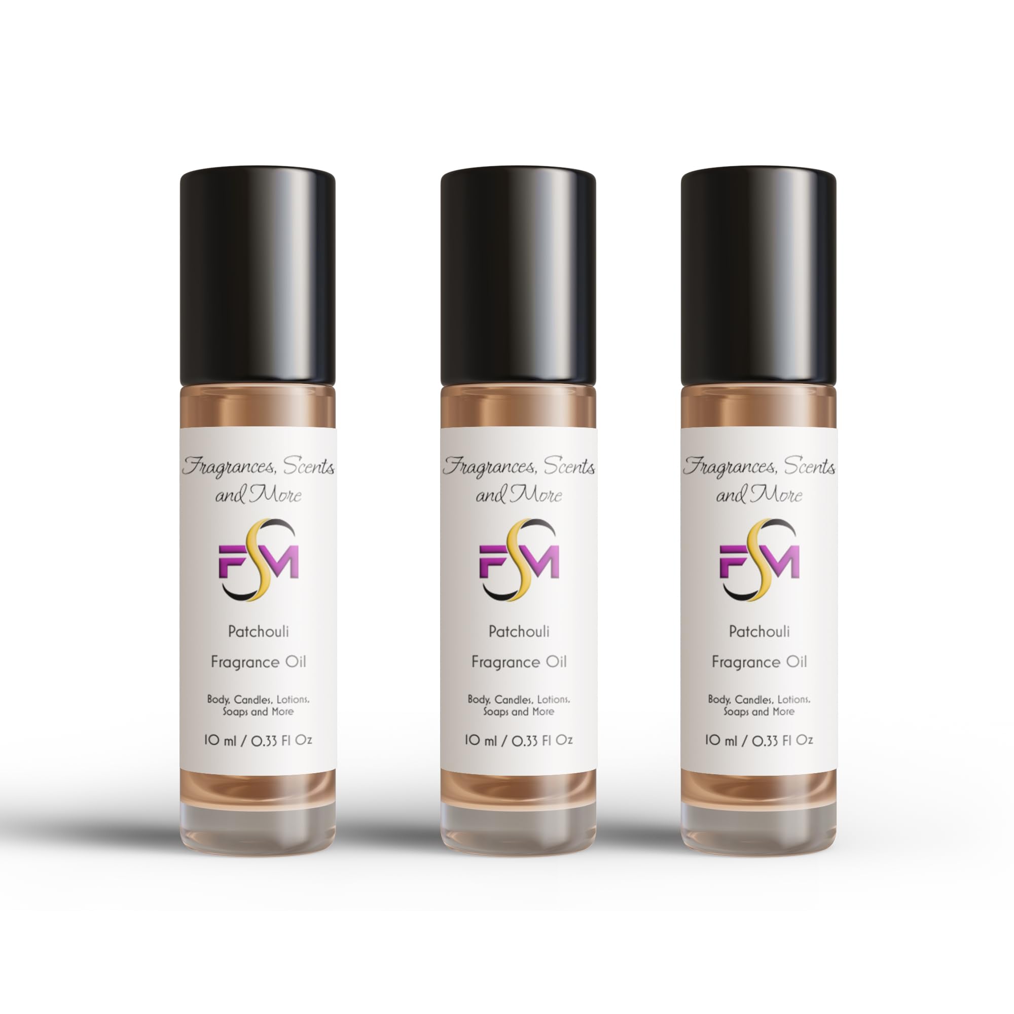 Patchouli Perfume/Body Oil - 3 Bottles 0.33 Fl Oz Glass Roll On (10ml)