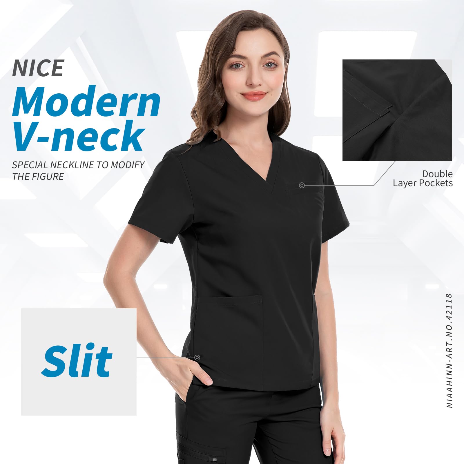 niaahinn Scrubs Top with V-Neck & Multifunctional Pocket Jogger Pants Scrub Suit Medical Uniform for Women (Balck, XS)
