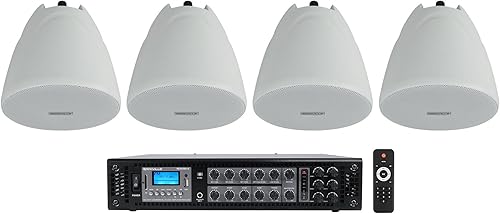 Rockville (1) RCS180-6 180 vatios 6 zona 70v comercialrestaurante amplificadorpaquete Bluetooth con (4) PEN-40T blanco 4 "70V colgante colgante