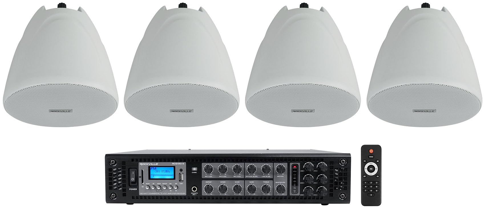 Rockville (1) RCS180-6 180 Watt 6 Zone 70v Commercial/Restaurant Amplifier/Bluetooth Bundle with (4) PEN-40T White 4