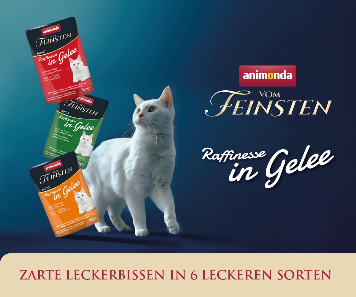 animonda Vom Feinsten Adult Rffinesse karma dla kotów w galarecie z kurczakiem i indykiem (24 x 85 g), mokra karma z tauryną i witaminą D3, bez dodatku soi, cukru i konserwantów