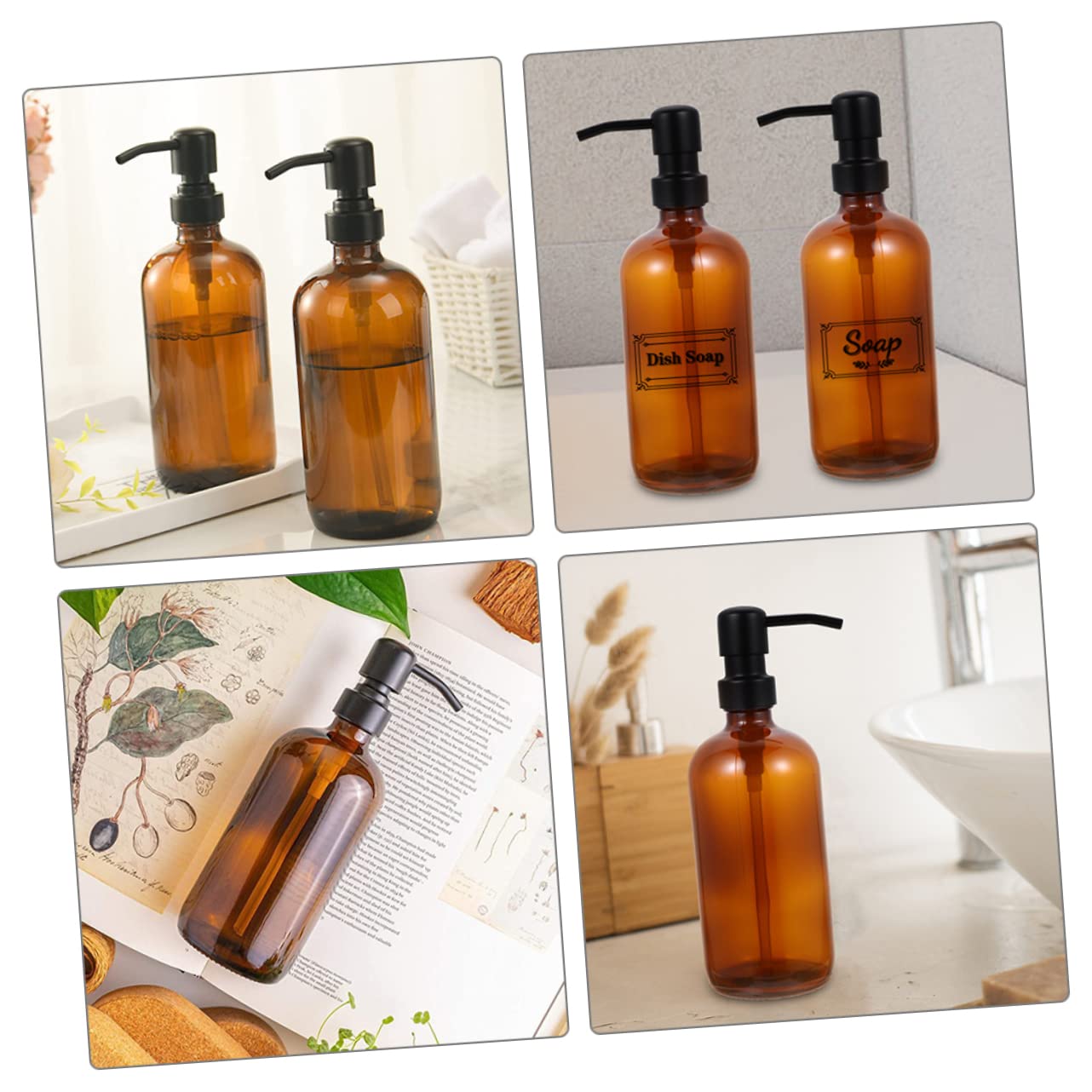 Dispensador de Jabón de Vidrio 500ml 2 Piezas con Bomba de Acero Inoxidable | Marrón, Rellenable y Portátil, Compacto para Baño y Viaje, Fácil de Presionar, Uso Doméstico